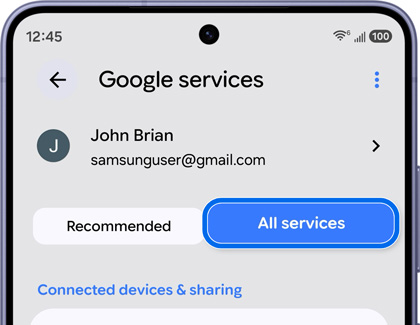 A Galaxy S26 Ultra screen showing Google services with the All services button highlighted in blue.