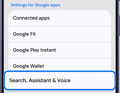 A Galaxy S26 Ultra screen showing Google app settings with the Search, Assistant and Voice option highlighted in blue.