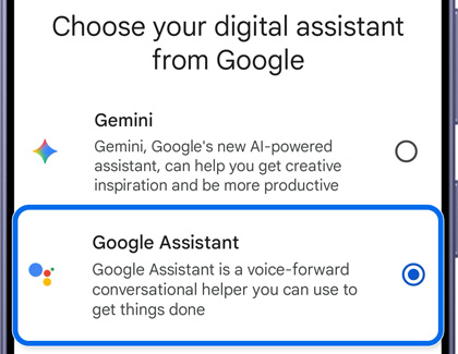 A Galaxy S26 Ultra screen showing digital assistant options with Google Assistant selected and highlighted in blue.