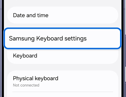 General management menu with the Samsung Keyboard settings option highlighted.