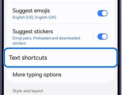 Samsung Keyboard settings menu with the Text shortcuts option highlighted.