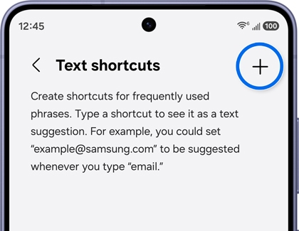 Text shortcuts settings with the plus icon highlighted in the top right corner.
