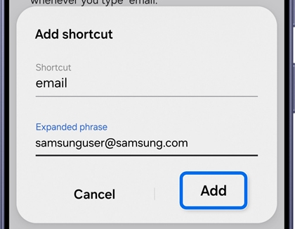 Add shortcut popup window above an open keyboard with the Add button highlighted.