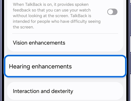 Accessibility menu with the Hearing enhancements option highlighted.
