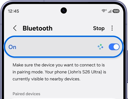 Bluetooth settings screen with the switch enabled.