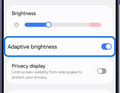 Samsung Galaxy Display settings screen with the Adaptive brightness toggle outlined in blue.