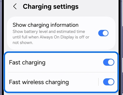 Charging settings screen with Fast charging and Fast wireless charging turned on.
