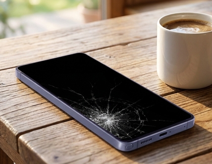A Galaxy phone on a white table with a severely shattered screen next to a coffee mug.