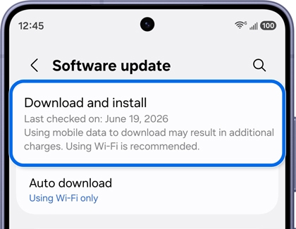 Software update screen with the Download and install option highlighted.