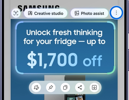 A Galaxy S26 using the AI select tool with the more options icon highlighted in a blue circle.