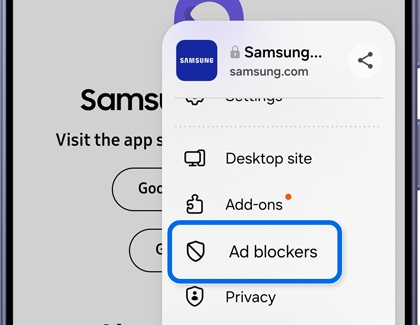 A Galaxy phone showing the Samsung Browser menu with the Ad blockers option highlighted in blue.