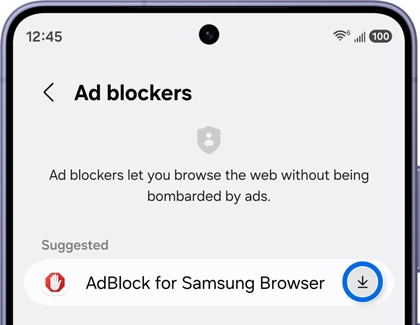A Galaxy phone showing the Samsung Browser Ad blockers screen with the AdBlock for Samsung Browser download button highlighted in blue.