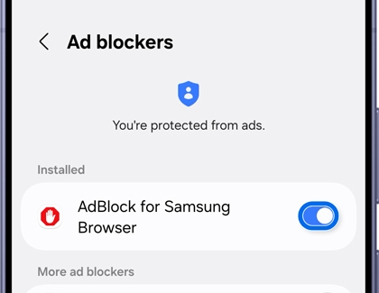 A Galaxy phone showing the Samsung Browser Ad blockers screen with AdBlock for Samsung Browser installed and toggled on.