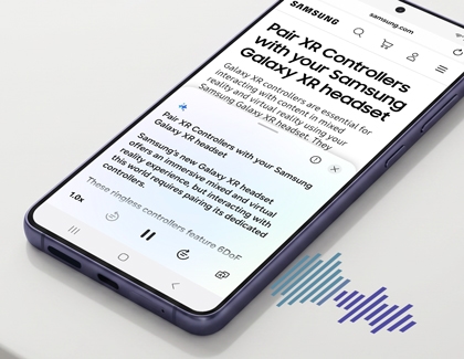 A purple Galaxy S26 phone showing a webpage about XR controllers with audio waveforms graphic underneath the device.