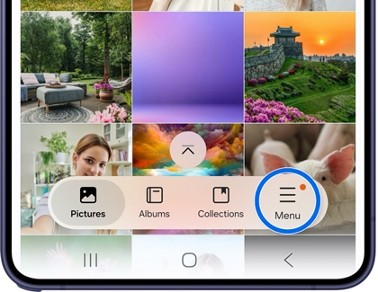 A Galaxy S26 Ultra screen showing the gallery app with the menu option circled in blue at the bottom.