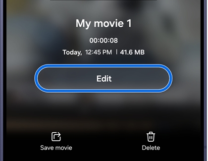 A Galaxy S26 Ultra screen showing a movie project summary page with the Edit button highlighted in blue.