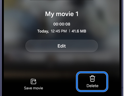 A Galaxy S26 Ultra screen showing a movie project summary page with the Delete option highlighted in blue at the bottom right.