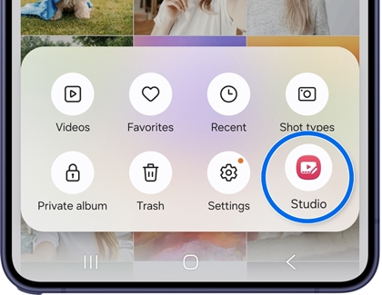 A Galaxy S26 Ultra screen showing a gallery menu with the Studio option circled in blue.