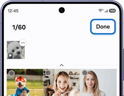 A Galaxy S26 Ultra screen showing a media selection page with the Done button highlighted in blue at the top right.