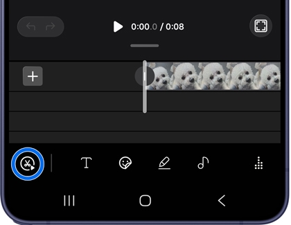 A Galaxy S26 Ultra screen showing a video editing timeline with the auto trim icon circled in blue at the bottom left.