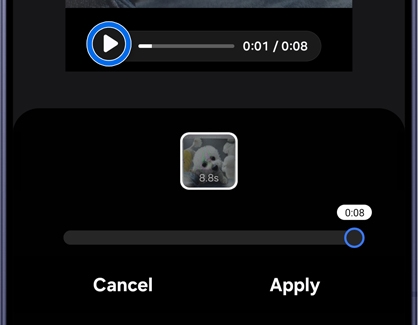 A Galaxy S26 Ultra screen showing a video player interface with a play button circled in blue and Cancel and Apply options.
