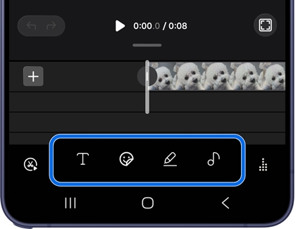 A Galaxy S26 Ultra screen showing video editing options with multiple tool icons highlighted in a blue rounded rectangle.