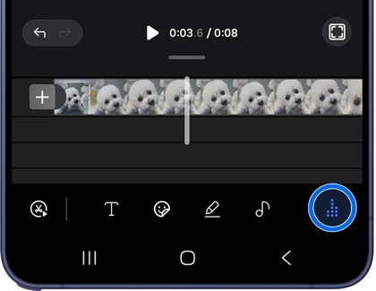 A Galaxy S26 Ultra screen showing a video editing timeline with an audio icon circled in blue at the bottom right.