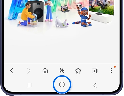 A Galaxy S26 Ultra screen showing the navigation bar at the bottom with the home button circled in blue.