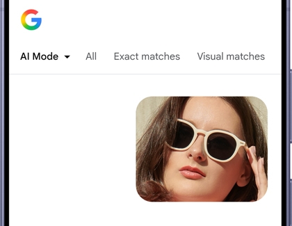 A Galaxy S26 Ultra screen showing Google search results with a cropped image of a woman wearing cream sunglasses.