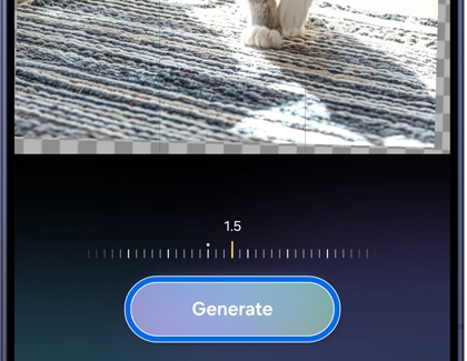 A Galaxy S26 phone screen showing a Generate button highlighted in blue below an image being straightened.