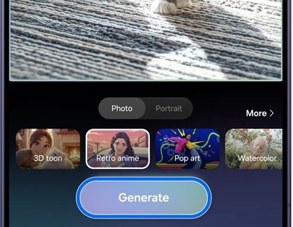 A Galaxy S26 phone screen showing different art style options with a Generate button highlighted in blue.