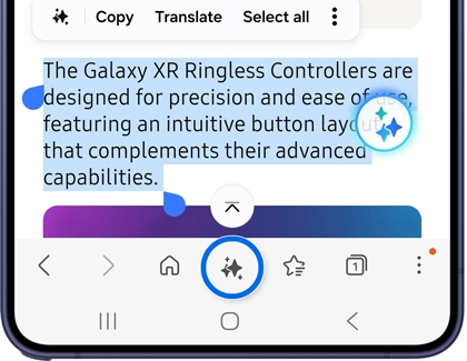 A Galaxy S26 showing selected text in Samsung Internet with the Browsing assist icon highlighted in a blue circle.