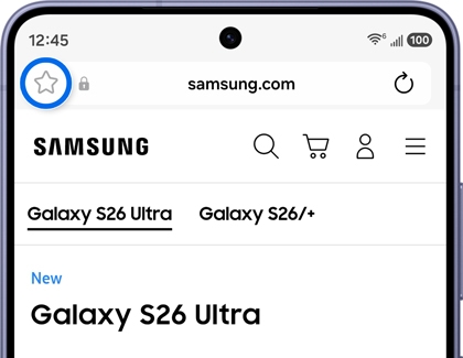 A Galaxy S26 Ultra screen showing the browser address bar with an empty star icon circled in blue.