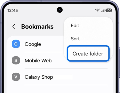 A Galaxy S26 Ultra screen showing the bookmarks menu with the Create folder option highlighted in blue.