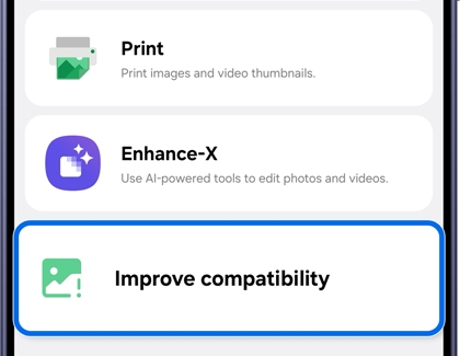 A Galaxy S26 Ultra screen showing the Improve compatibility option highlighted in a blue box within the Gallery Assistant app.