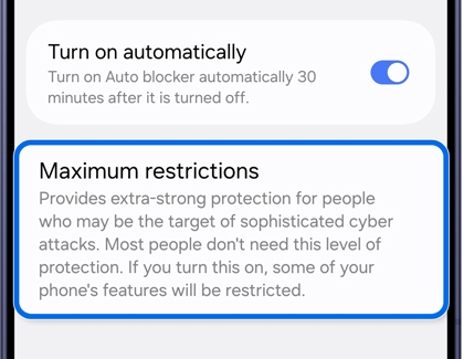 Auto Blocker settings page with Maximum restrictions highlighted.