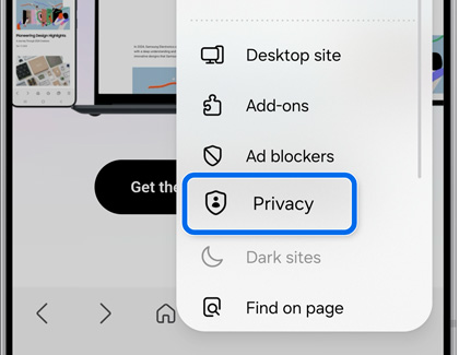 A Galaxy phone showing the Samsung Browser menu with the Privacy option highlighted in blue.