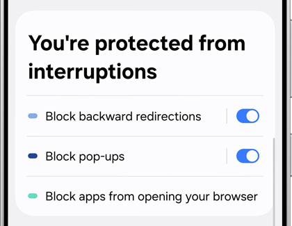 A Galaxy phone showing the Samsung Browser privacy settings with interruption protection toggles turned on.