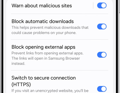 A Galaxy phone showing the Samsung Browser privacy settings with security and connection protection toggles turned on.