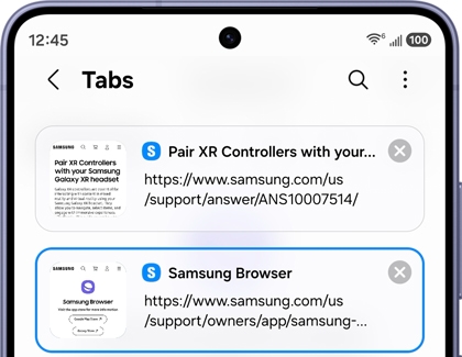 A Galaxy phone showing the Samsung Browser Tabs screen with the Samsung Browser tab highlighted in blue.