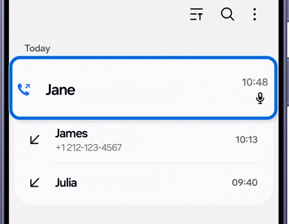 A Galaxy S26 Ultra screen showing the recent calls list with a voicemail from Jane highlighted in blue.