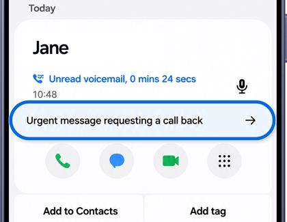 A Galaxy S26 Ultra screen showing call details for Jane with a transcript of the voicemail message highlighted in blue.