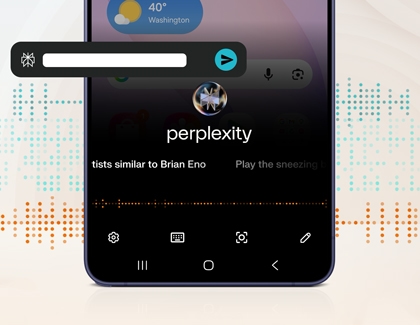 A Galaxy S26 Ultra screen showing the Perplexity app voice interface with an active sound wave and an empty text input bar floating above it.