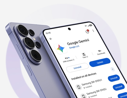 Two purple Galaxy S26 Ultra phones showing the Google Gemini app page in the Play Store.