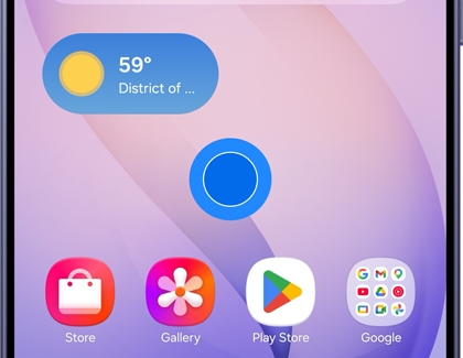 A Galaxy S26 Ultra screen showing the home screen with a blue circle overlay indicating a touch target in the center.
