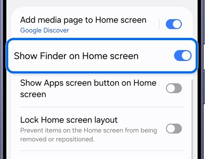 A Galaxy S26 Ultra screen showing the home screen settings menu with the Show Finder on Home screen option highlighted in blue.