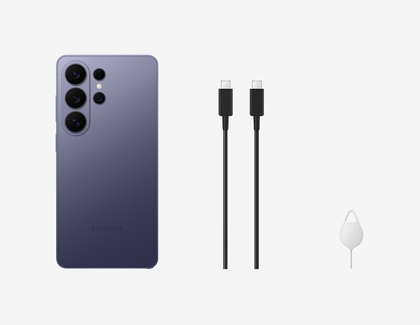 A purple Galaxy S26 Ultra shown with two charging cables and a SIM ejection tool.