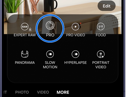 Camera screen with MORE and PRO highlighted.