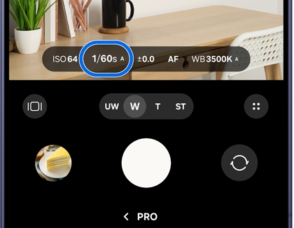PRO mode screen with the settings panel at the top highlighted.
