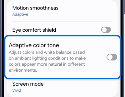 Display menu with the Adaptive color tone toggle turned off